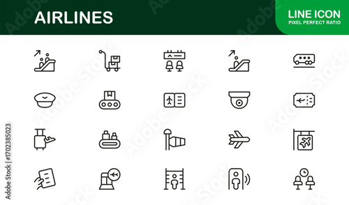 Airlines Travel Aviation Professional Line Icon Set – Modern Minimal Outline Vector Icons for Premium Designs