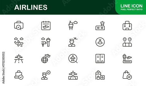 Airlines Travel Aviation Professional Line Icon Set – Modern Minimal Outline Vector Icons for Premium Designs