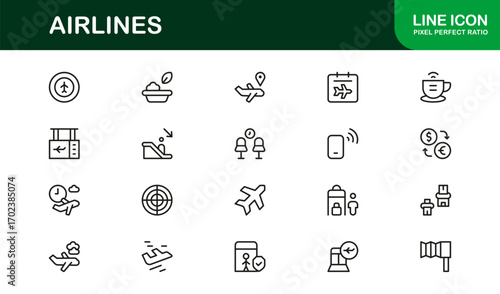 Airlines Travel Aviation Professional Line Icon Set – Modern Minimal Outline Vector Icons for Premium Designs