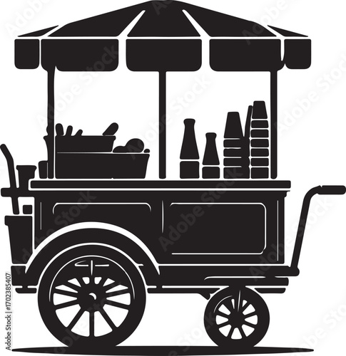 A black and white silhouette of a food cart with a striped umbrella, showcasing various items like bottles, cups, and baskets, suggestive of a street vendor's setup.