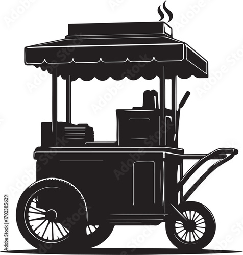 This image is a black and white illustration of a food cart with a canopy, wheels, and various cooking implements inside, suggesting a hot food vendor's cart.