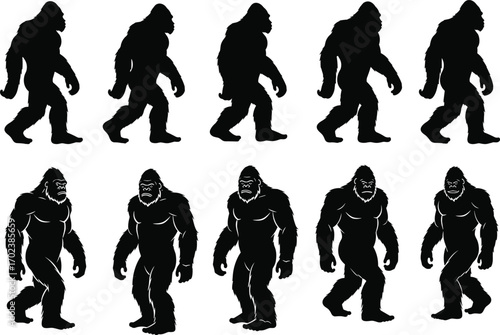 Bigfoot silhouette collection, sasquatch vector illustration, mythical creature design, black and white wild animal, cryptid figure images, forest legend art