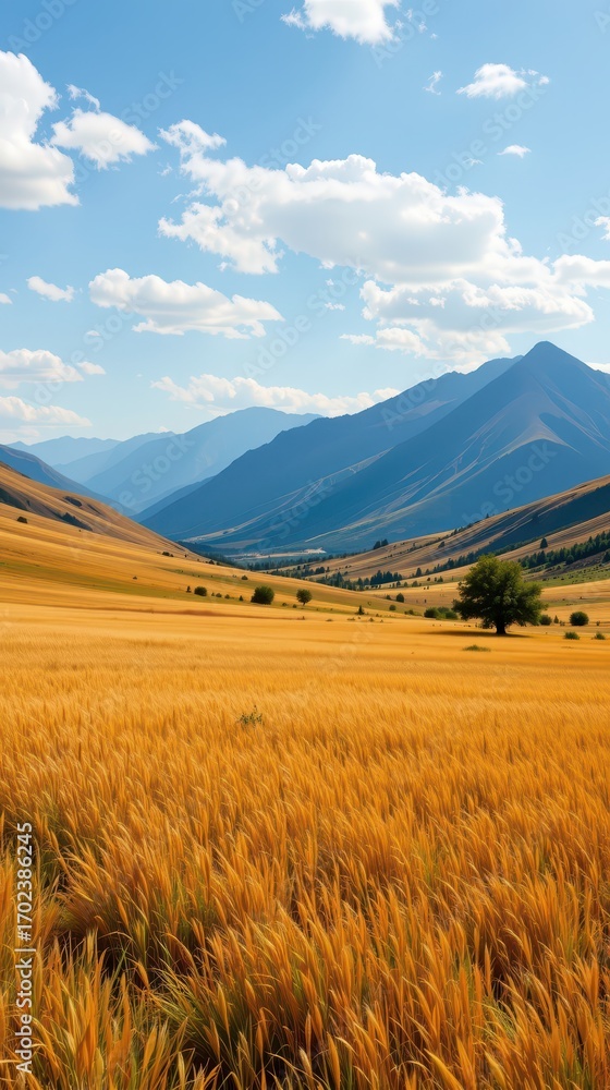 Fototapeta premium Golden Wheat Field with Mountain Backdrop and Cloudy Sky