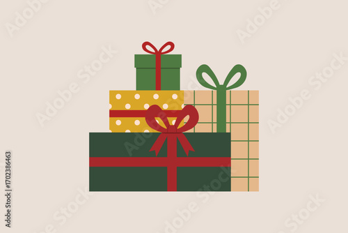 Stack of wrapped Christmas presents with ribbons and bows in various colors and patterns on beige background, festive holiday gift boxes. Flat vector illustration