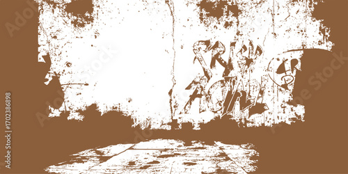 Dirty, peeling brown paint on a textured old metal wall background with a weathered rusty grunge effect