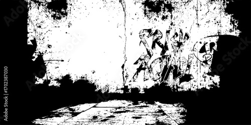 Grunge background with black ink splatter and paint spray texture on a dirty paper frame