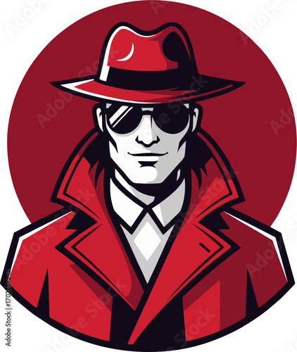 Red Noir Detective Mascot in Fedora and Trench Coat on Red Circle – Bold Secret Agent