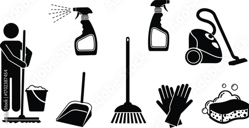 Industrial and commercial janitorial cleaning services vector illustration icons, silhouette. 