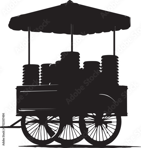 This is a black and white silhouette illustration of a food cart with a parasol overhead, displaying stacks of what appears to be flatbreads or similar items.