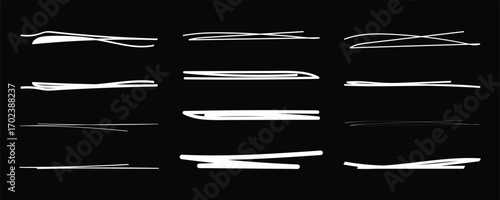 Chalk or crayon white underline set on black chalkboard background - hand drawn pencil or marker horizontal long highlighter strokes with rough textured edges. Design elements for emphasizing text.