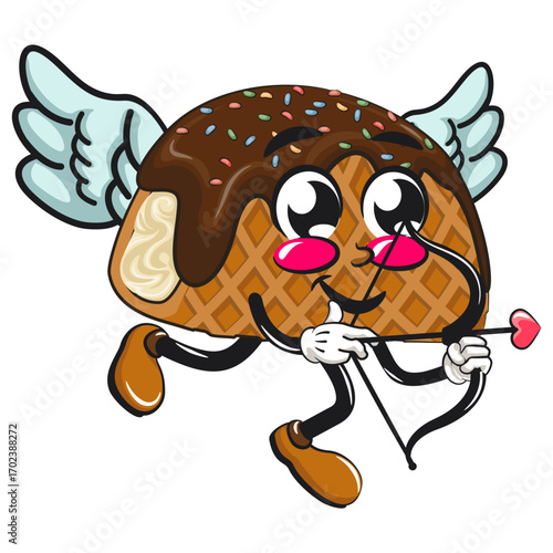 cute choco taco ice cream mascot character vector illustration being cupid with angel wings and the arrow of love, work of hand drawn