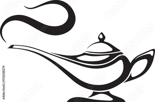 Arabic genie lamp. Vector black silhouette. Vector black silhouette of an Arabic genie lamp isolated on a white background.
