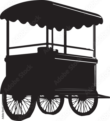 This black and white image shows a silhouette of a vintage food cart with a canopy, showcasing three detailed wheels and a simple rectangular body, suggesting a nostalgic or classic design