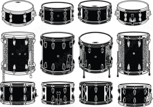 Drum kit parts illustration, musical instrument silhouettes, detailed drum components, percussion set vector, black and white drum elements, audio equipment design