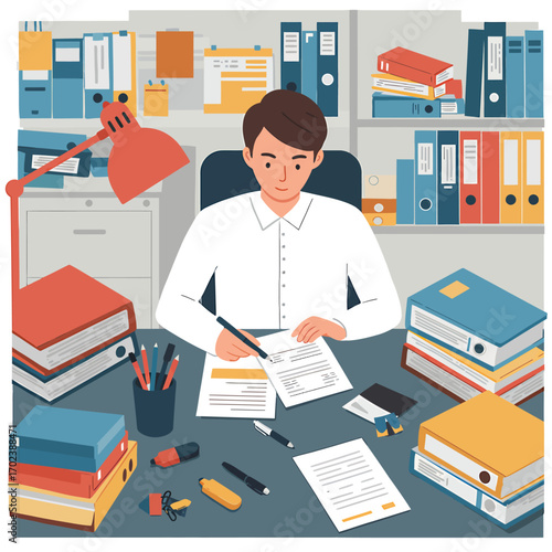 Focused male employee managing extensive paperwork and signing documents in a busy office, a concept of corporate diligence and workflow