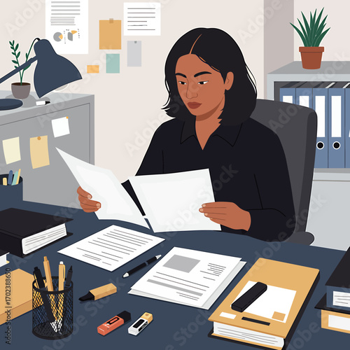 Diligent business professional woman intently reviewing documents and analyzing data at her organized office desk
