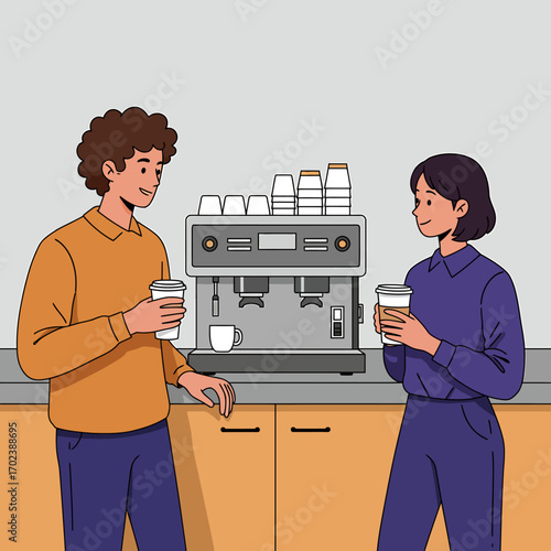 Man and woman coworkers having a friendly conversation during a coffee break in the office. People socializing by the espresso machine
