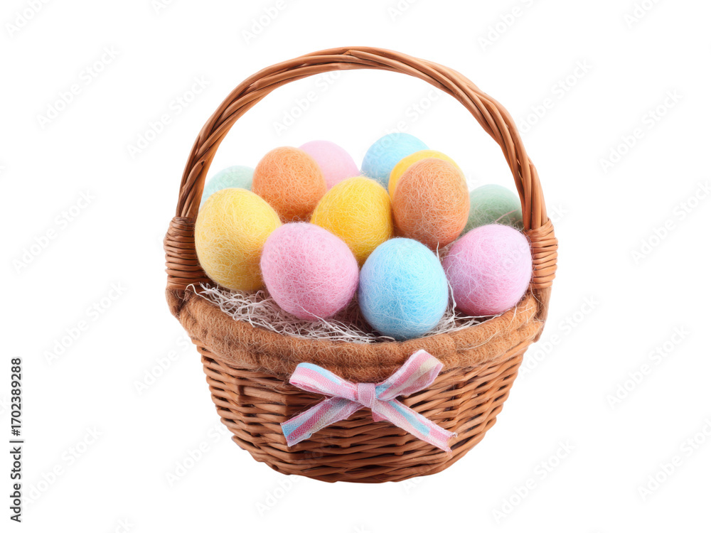 Naklejka premium Woven basket filled with pastel felted eggs and striped ribbon easter, Isolated On Png Transparent Background
