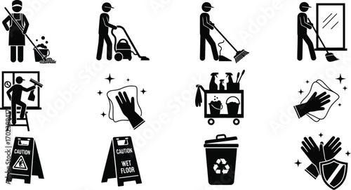 Industrial and commercial janitorial cleaning services vector illustration icons, silhouette. 
