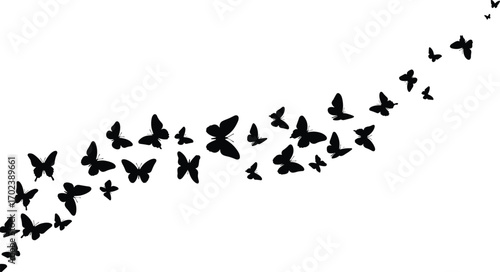 Black butterfly silhouettes flying, butterfly swarm pattern, nature design, flying insects, butterfly art, decorative wing shapes, freedom symbol, flying pattern design.