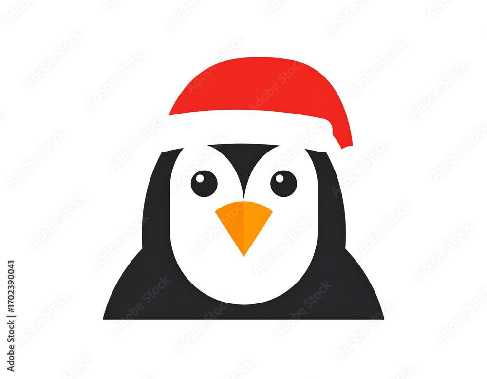Fototapeta premium Minimal Flat Icon of Penguin Head with Santa Hat, Centered Composition, Isolated