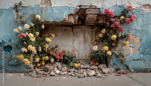 Fototapeta Naklejka Na Ścianę i Meble -  A broken wall being rebuilt with flowers and vines, depicting reconciliation and growth.