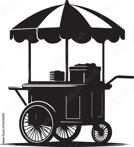 This black and white illustration depicts a classic food cart with a striped umbrella, showcasing a simple yet detailed design, perfect for representing street food vendors or similar themes.