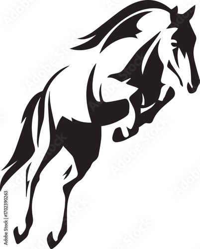 Horse jump vector. Beautiful jumping horse black and white outline
