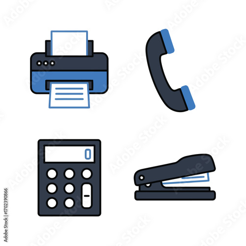 A modern vector icon set of essential blue office supplies including a printer and telephone