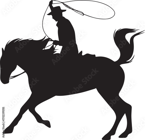 Cowboy with lasso vector. Cowboy riding a horse and throwing lasso fine silhouette - black outline over white
