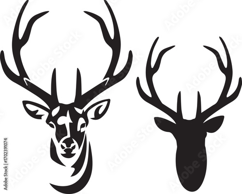 Deer stag with big antlers black and white vector portrait. Wild deer stag head with big antlers front view black and white vector silhouette and outline
