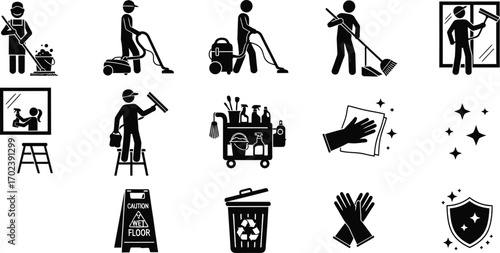 Industrial and commercial janitorial cleaning services vector illustration icon, silhouette. 