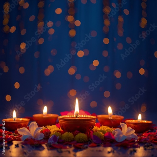 Elegant Diwali Diya and Flower Arrangement on Blue Background