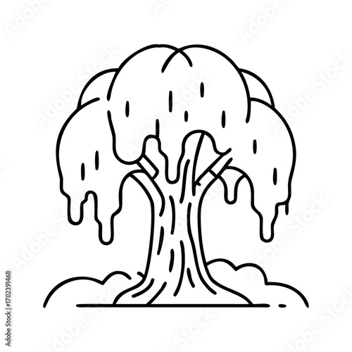 Minimalist weeping willow tree line art drawing with unique foliage style
