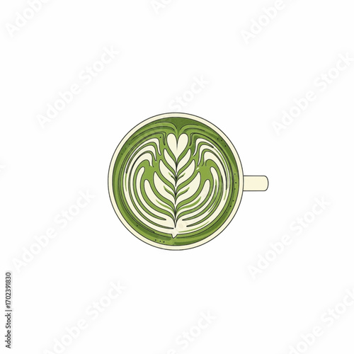 Vector illustration of a cup of matcha green tea latte with foam art. Top view flat icon isolated on a white background