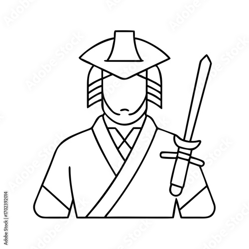 Line drawing of a samurai warrior in traditional armor with katana sword