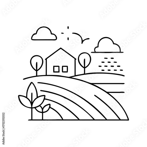 Minimalist countryside scene with house, trees, crops and weather elements