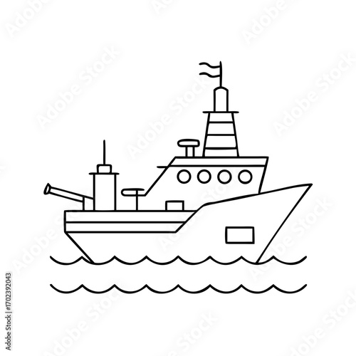 Outlined Drawing of a Warship Navigating the Ocean with Simple Wavy Water