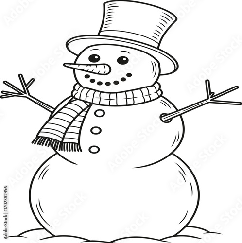 Black and White Snowman Drawing for Winter, Holiday and Christmas Design