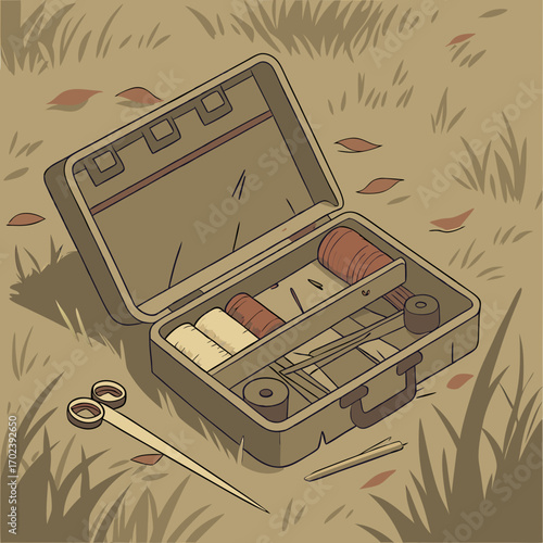 Vintage Sewing Kit in Grassy Field