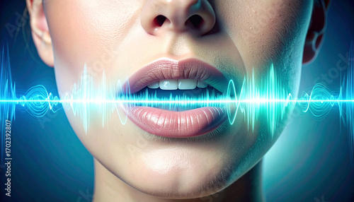 Ai voice and cloning cybersecurity concept with digital soundwave overlay on woman mouth futuristic technology