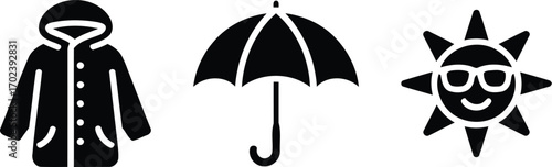 Three Weather Icons Depicting Raincoat Umbrella and Sunglasses Wearing Sun Providing Versatile Visuals for Weather Related Content and Design Projects