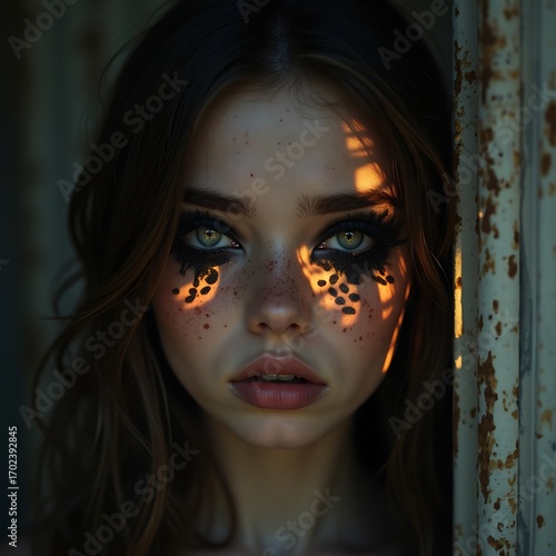 Mysterious Woman with Creative Makeup and Golden Sunlight, Portrait