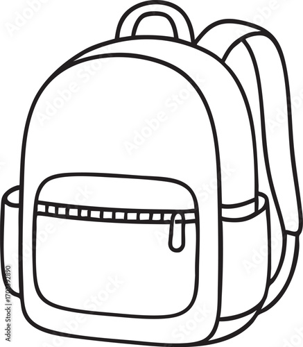 Minimal Backpack Line Drawing Vector in Black and White Featuring Zippered Pockets and Straps for School and Travel Themes