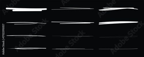 Chalk or crayon white underline set on black chalkboard background - hand drawn pencil or marker horizontal long highlighter strokes with rough textured edges. Design elements for emphasizing text.