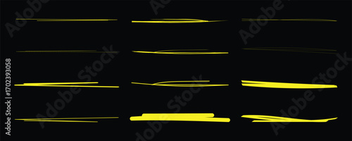 Chalk or crayon white underline set on black chalkboard background - hand drawn pencil or marker horizontal long highlighter strokes with rough textured edges. Design elements for emphasizing text.