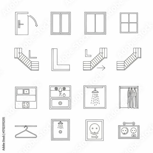 Collection of flat icons for interior design elements including doors, windows, stairs, and furniture