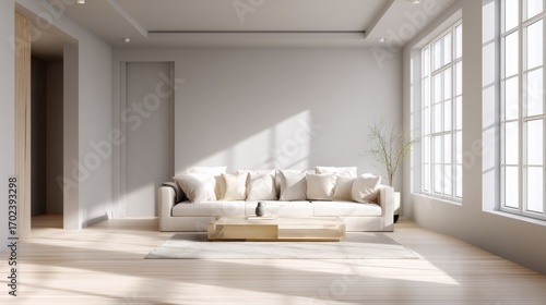 Minimalist Modern Living Room with Sofa and Natural Light – Clean Interior Background for Design and Web