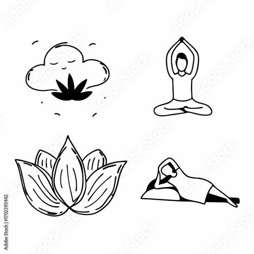 Set of hand-drawn wellness icons featuring yoga poses, a lotus flower, and relaxation symbols for mindfulness and calm living