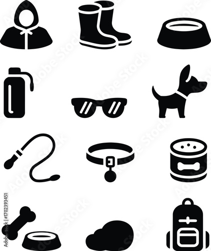 Diverse Collection of Adventure and Pet Care Icons A Visual Feast of Backpacks Boots Dog Accessories and Outdoor Essentials for Enthusiasts